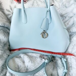 Light Blue Leather Tote Bag with Detachable Strap